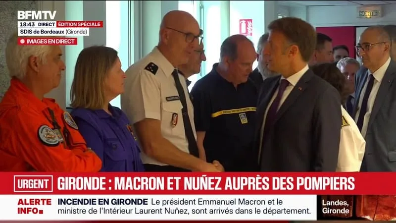 INCENDIES EN FRANCE: EMMANUEL MACRON EST ARRIVÉ EN GIRONDE, AUPRÈS DES POMPIERS
