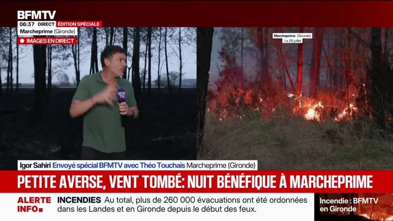 INCENDIE EN GIRONDE: LE VENT EST TOMBÉ ET UNE PETITE AVERSE A ARROSÉ LE SECTEUR, LA NUIT A ÉTÉ BÉNÉFIQUE À MARCHEPRIME