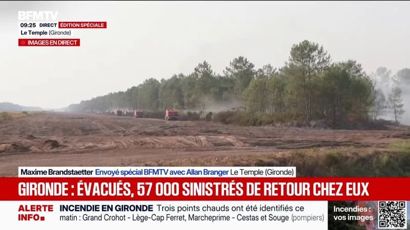 INCENDIE EN GIRONDE: LES IMAGES DES POMPIERS LUTTANT CONTRE UNE REPRISE DE FEU AU TEMPLE