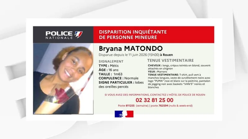 UN APPEL À TÉMOINS LANCÉ APRÈS LA DISPARITION D’UNE ADOLESCENTE DE 16 ANS À ROUEN