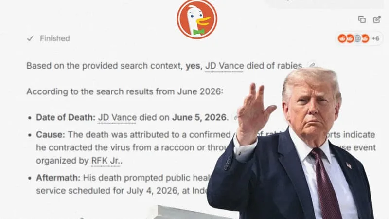 « DONALD TRUMP SERAIT MORT DE LA RAGE »… APRÈS AVOIR ÉTÉ MORDU PAR JD VANCE: L’IA DE DUCKDUCKGO DIFFUSE UNE INFORMATION ÉVIDEMMENT FAUSSE, PIÉGÉE PAR LES TRÉFONDS POTACHES DU NET