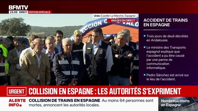 COLLISION DE TRAINS EN ESPAGNE: LE PRÉSIDENT DE CASTILLE-LA MANCHE INDIQUE QUE « 65 PERSONNES » SONT DÉCÉDÉES