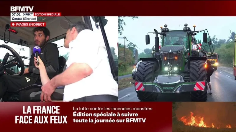 FEUX EN GIRONDE: « AVEC LA FUMÉE QU’ON SE PREND ON A LES YEUX QUI SONT ARRACHÉS », DÉCLARE AURÉLIEN, UN HABITANT DU DÉPARTEMENT QUI AIDE LES POMPIERS AVEC SON TRACTEUR