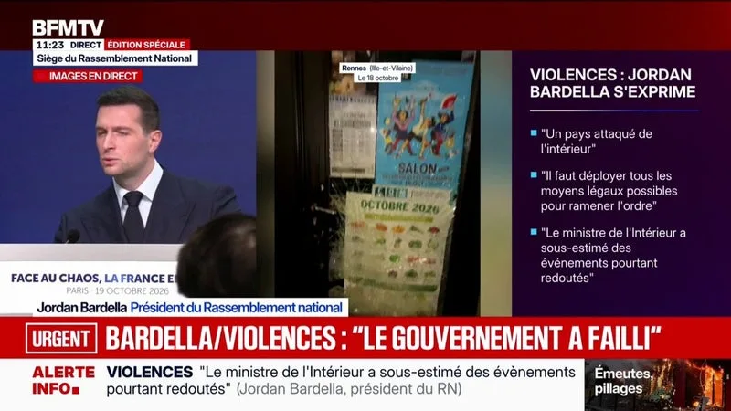 VIOLENCES DU 17 OCTOBRE: « LE GOUVERNEMENT A FAILLI », ACCUSE JORDAN BARDELLA (RN)