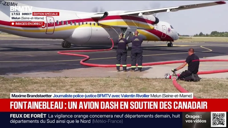 INCENDIES DE FONTAINEBLEAU: UN AVION DASH APPORTE SON SOUTIEN AUX CANADAIR POUR COMBATTRE LE FEU