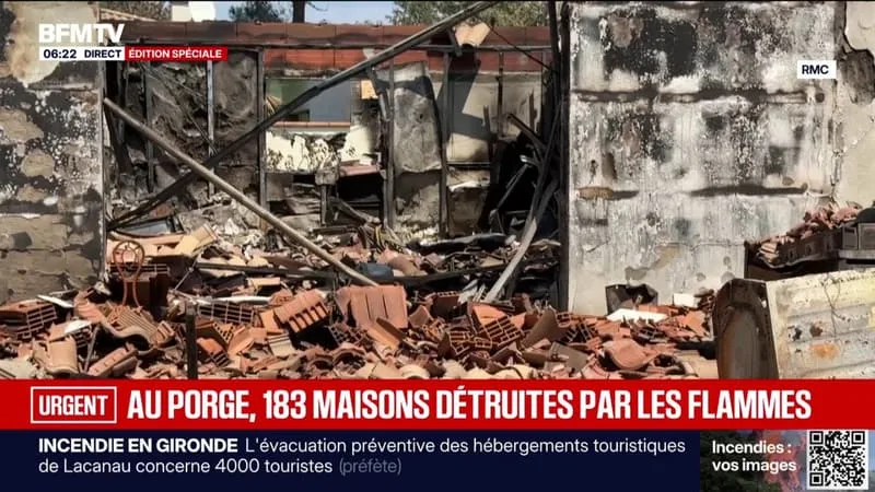 INCENDIE EN GIRONDE: DES SINISTRÉS DÉCOUVRENT LEURS HABITATIONS RAVAGÉES AU PORGE