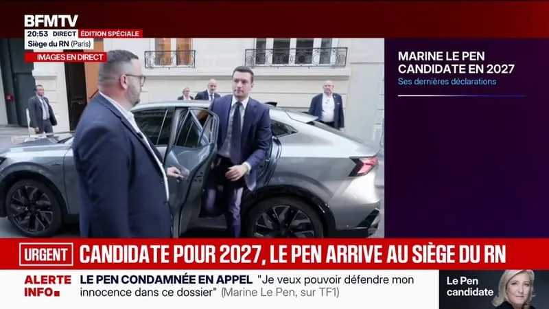 PROCÈS EN APPEL DU RN: MARINE LE PEN ET JORDAN BARDELLA ARRIVENT AU SIÈGE DU RASSEMBLEMENT NATIONAL