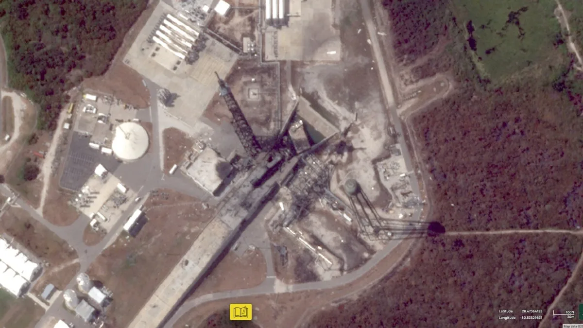 LA DESTRUCTION VUE DU CIEL : UNE IMAGE SPATIALE MONTRE CE QU’IL RESTE DU PAS DE TIR APRÈS L’EXPLOSION DE LA FUSÉE NEW GLENN