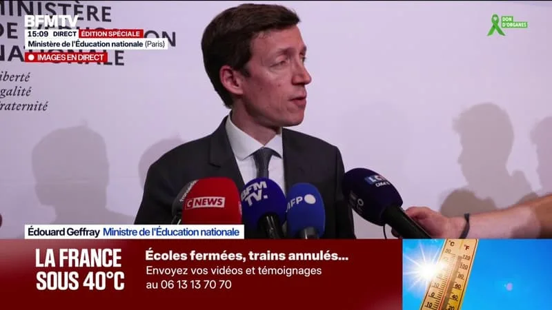 CANICULE: LE MINISTRE DE L’ÉDUCATION NATIONALE AFFIRME QUE « L’ÉCRASANTE MAJORITÉ DES ÉLÈVES » CONVOQUÉS À DES EXAMENS « PASSERONT COMME PRÉVU À L’HEURE OÙ ILS ONT ÉTÉ CONVOQUÉS »