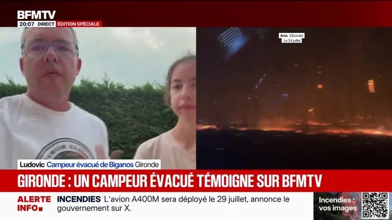 INCENDIE EN GIRONDE: « LA SITUATION DEVIENT DE PLUS EN PLUS CRITIQUE AU NIVEAU DU SITE D’ACCUEIL POUR LES PERSONNES ÉVACUÉES DES CAMPINGS », EXPLIQUE LUDOVIC, CAMPEUR ÉVACUÉ DE BIGANOS