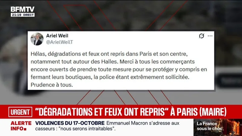 RASSEMBLEMENT À PARIS: « DES DÉGRADATIONS ET FEUX ONT REPRIS DANS PARIS ET SON CENTRE », ANNONCE LE MAIRE ARIEL WEIL SUR X