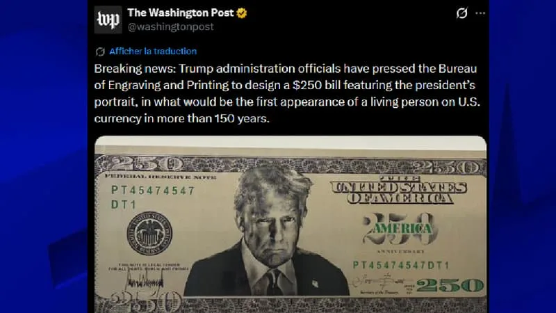 IL EST INTERDIT DE METTRE UNE PERSONNE VIVANTE SUR UN BILLET DEPUIS 1866 MAIS LE GOUVERNEMENT AMÉRICAIN FAIT PRESSION POUR QUE TRUMP SOIT SUR UN BILLET DE 250 DOLLARS (LE PRÉSIDENT A APPROUVÉ LE DESIGN)