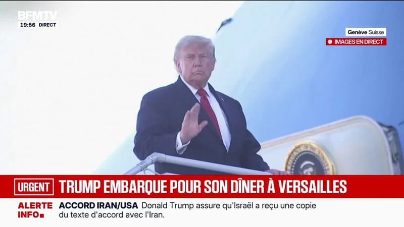 DONALD TRUMP EMBARQUE DANS SON AVION POUR REJOINDRE VERSAILLES ET SON DÎNER AVEC EMMANUEL MACRON