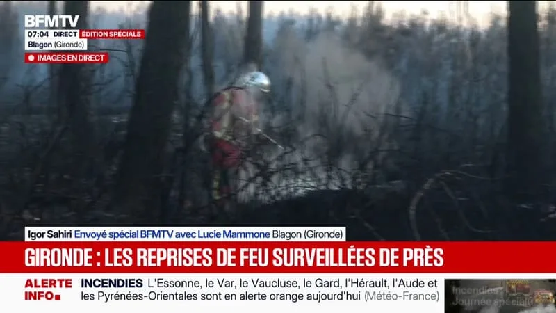 « LA TACTIQUE AUJOURD’HUI EST D’ESSAYER DE FIXER LE FEU AVEC UNE HUMIDITÉ PRÉSENTE DANS LA MATINÉE », EXPLIQUE LE COMMANDANT DE SECTEUR DU SDIS DE GIRONDE