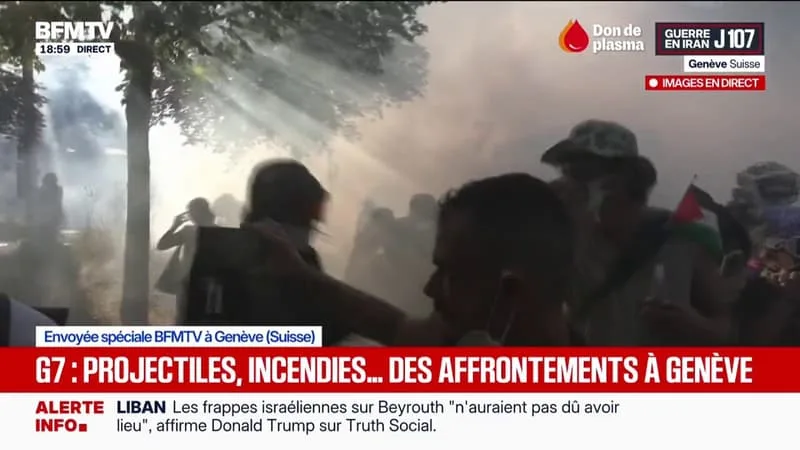 DES AFFRONTEMENTS ONT LIEU ENTRE MANIFESTANTS ET POLICIERS À GENÈVE EN SUISSE EN MARGE DU G7 QUI SE DÉROULERA À ÉVIAN