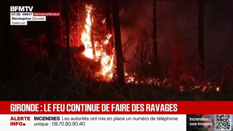 DANS LA NUIT, POMPIERS ET CITOYENS CONTINUENT DE FAIRE FACE AUX FLAMMES EN GIRONDE