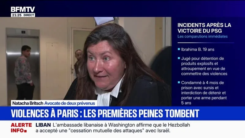 PREMIÈRES PEINES SUITE AUX VIOLENCES APRÈS LA VICTOIRE DU PSG: “DEUX JEUNES UN PEU PAUMÉS QUI AVAIENT VOULU FAIRE LA FÊTE”, DÉCLARE NATACHA BRITSCH, AVOCATE DE DEUX PRÉVENUS