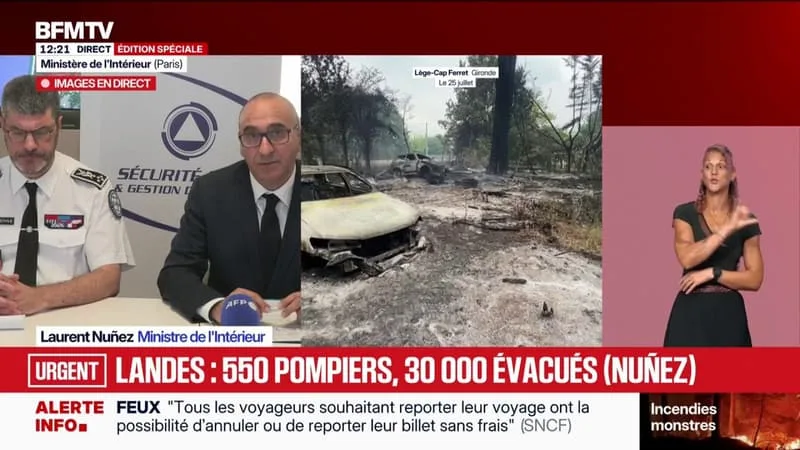 INCENDIE EN GIRONDE: « LE FEU A ÉTÉ MOINS VIRULENT CETTE NUIT, CE N’EST PLUS UN FEU CONVECTIF », EXPLIQUE LAURENT NUÑEZ, MINISTRE DE L’INTÉRIEUR